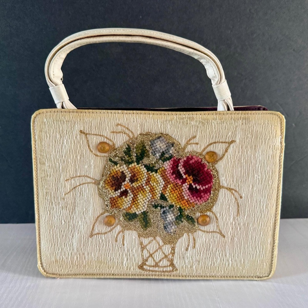 Vintage 1960s Fabrique Handbag Beige Needlepoint Floral Beaded Top Handle Purse - Picture 2 of 13